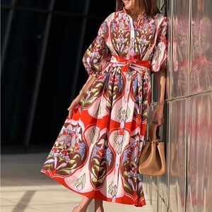 marielle stokkelaar Vibrant Floral Puff-Sleeve Maxi Dress in Red & Lavender